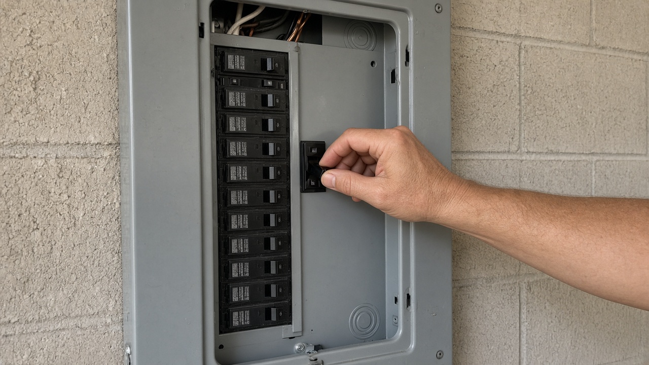 A hand on a breaker handle sitting between on and off inside an open residential panel