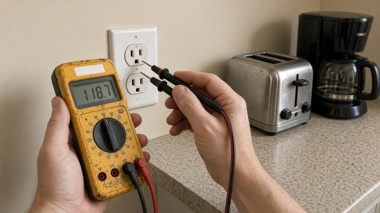 Hands holding a multimeter against a kitchen outlet, with a toaster and coffee maker unplugged