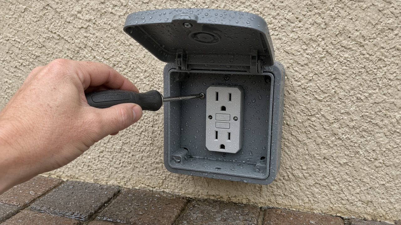 A hand with a screwdriver at a wet outdoor outlet box on a stucco wall