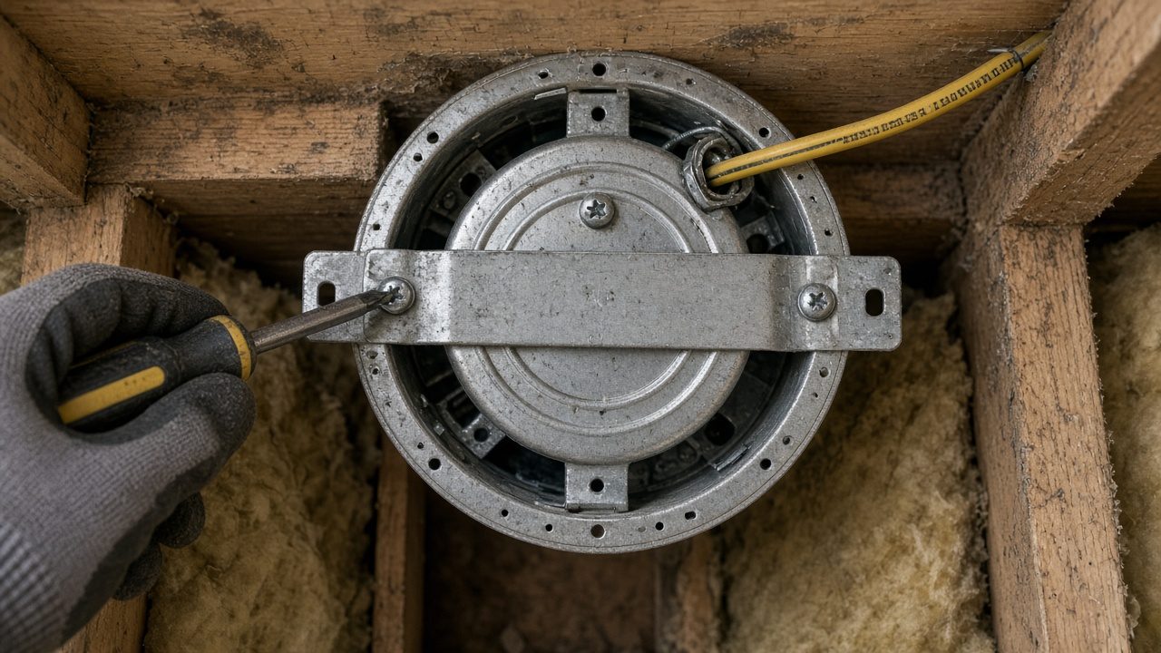 A hand driving a screw into a round metal fan-rated ceiling box