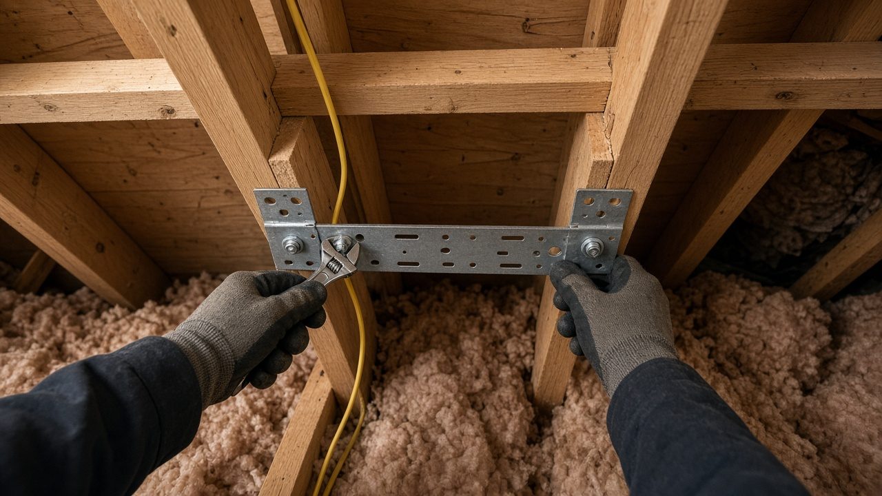Gloved hands bolting a metal ceiling fan brace between attic joists