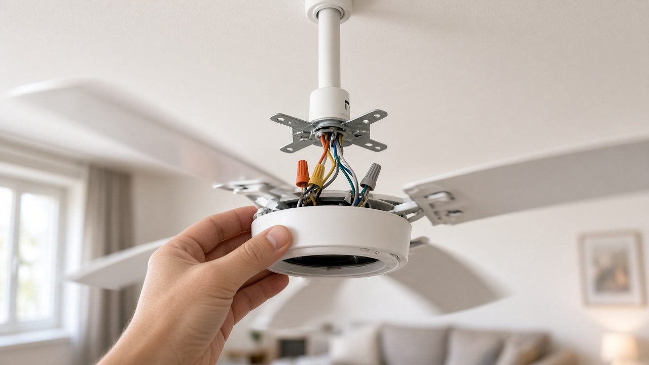 A hand holding a ceiling fan canopy down so the mounting bracket and wire nuts show