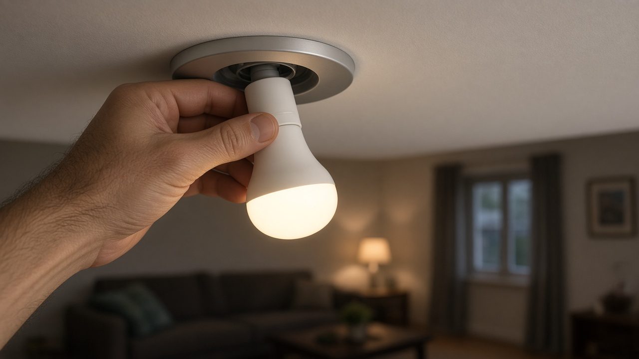 A hand unscrewing an LED bulb from a ceiling light fixture
