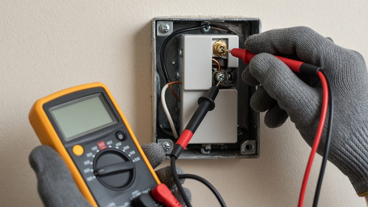 Gloved hands using a meter on the screws of an open light switch