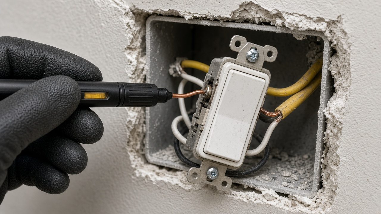 A gloved hand holding a tester near a loose wire on a wall switch