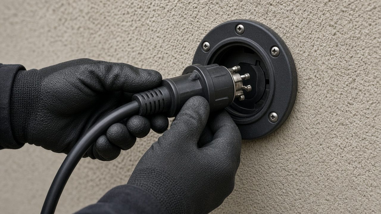 Generator cord at the inlet Gloved hands plugging a heavy four-prong cord into an outdoor generator inlet