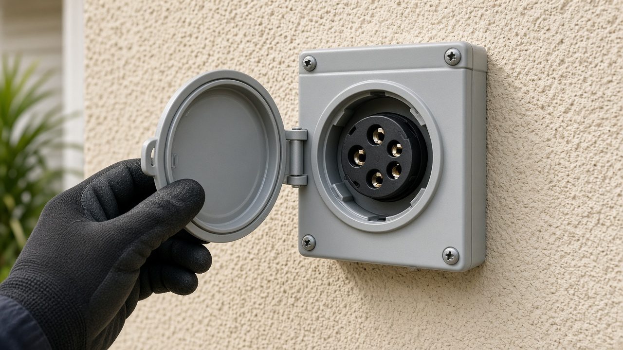 Generator inlet on the outside wall A gloved hand holding open a weatherproof generator inlet on a stucco wall