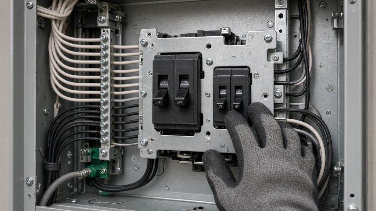 Interlock plate in a home panel A gloved hand beside an interlock plate over the main breaker in an open panel