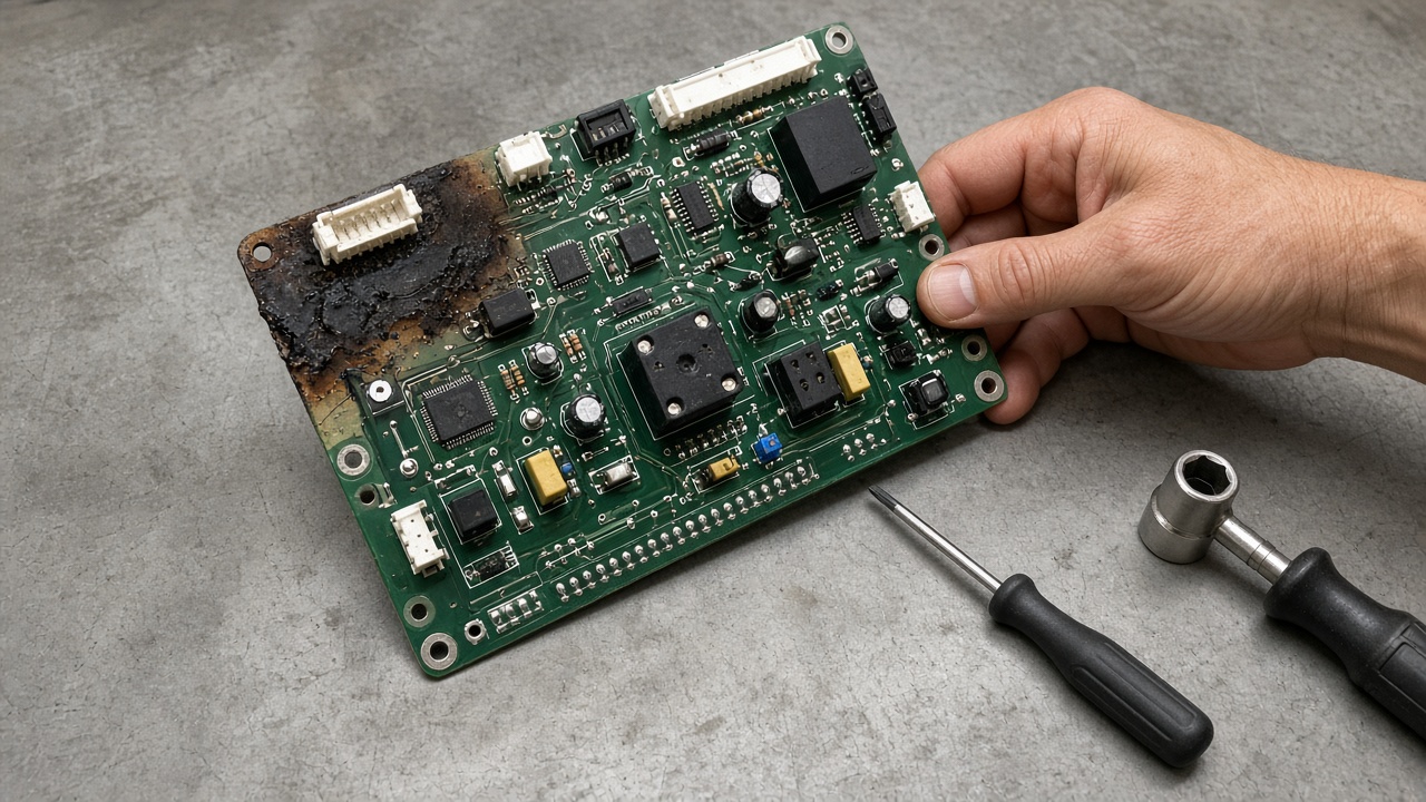 A hand holding an air-handler circuit board with a burned corner, tools on the bench