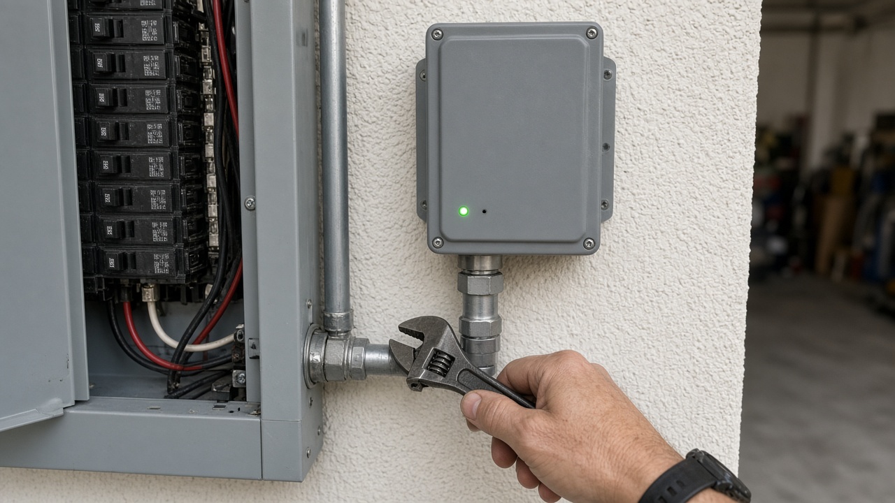 A hand with a wrench on the conduit between a panel and a gray surge device