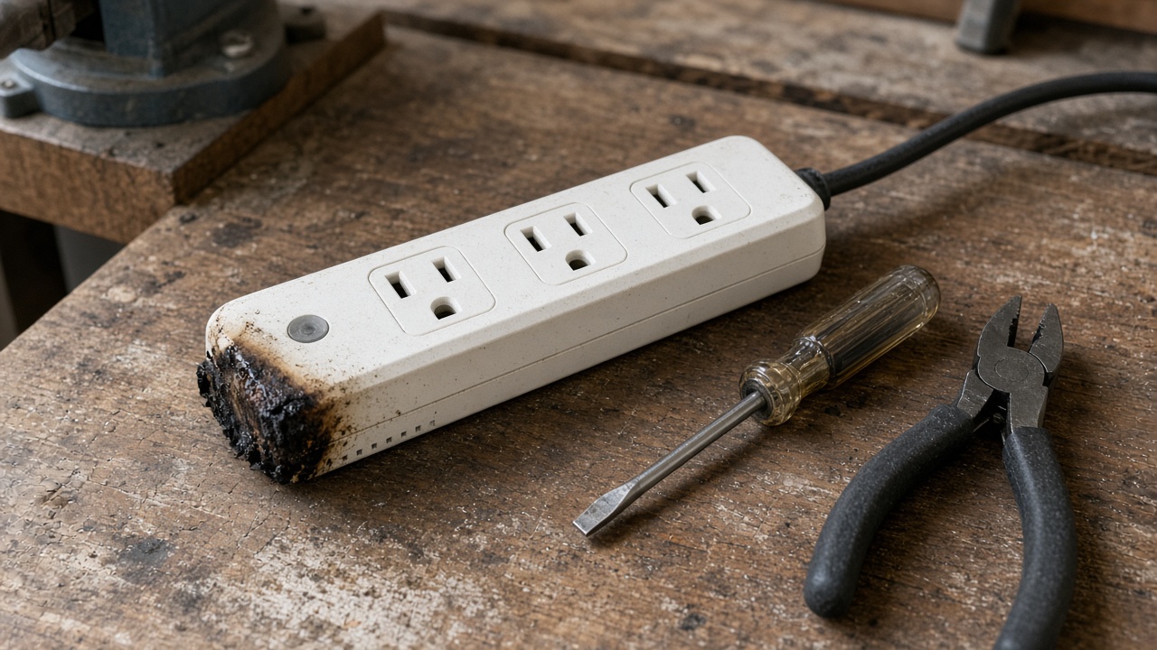 A scorched white power strip on a workbench beside a screwdriver and pliers