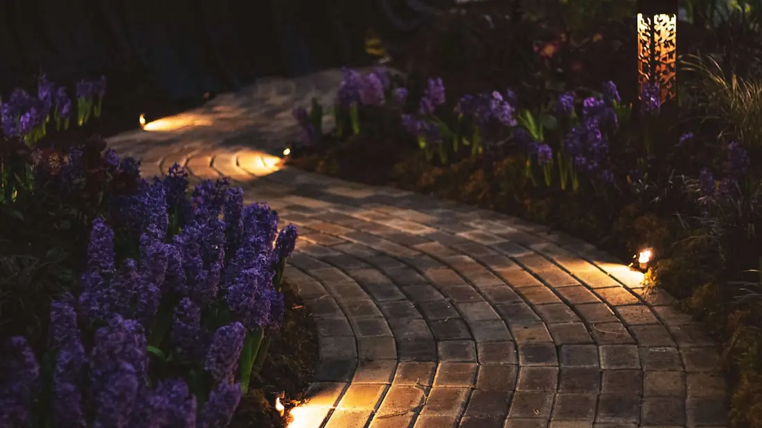 Low voltage path lights along a paver walkway through a garden at dusk